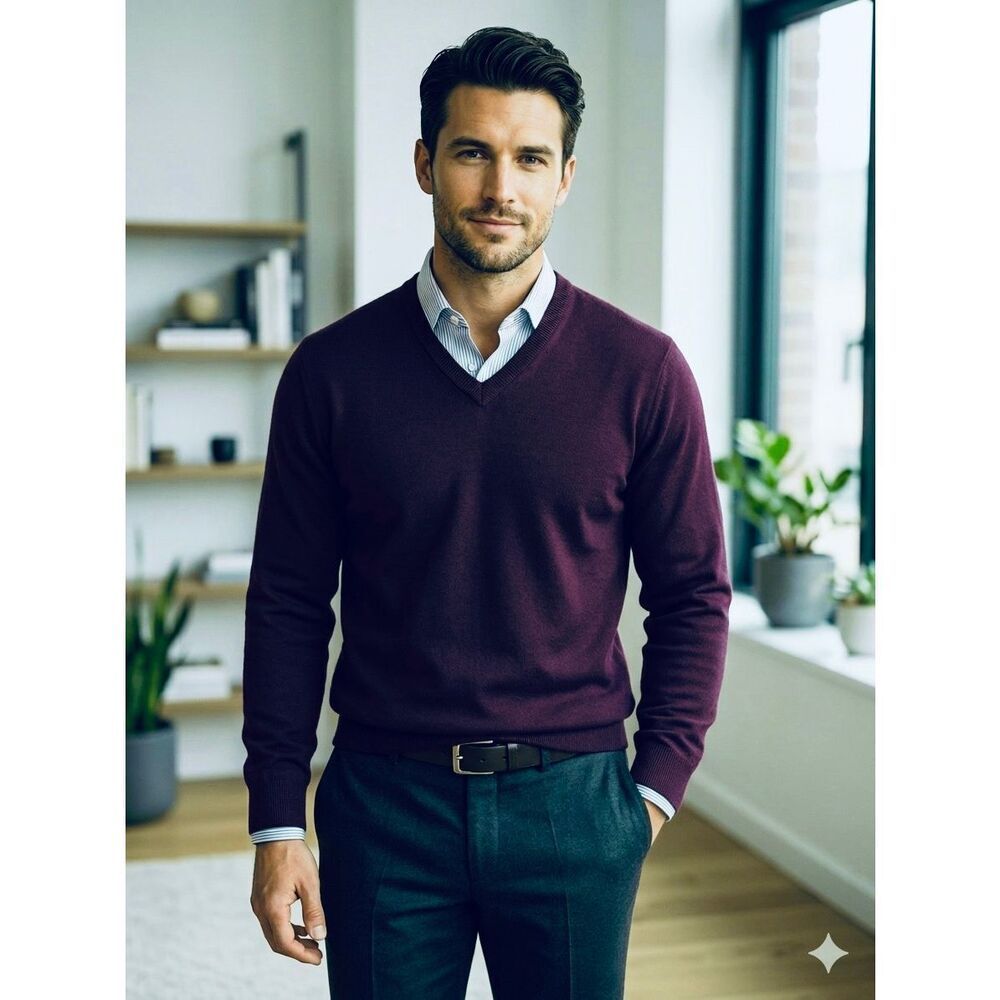 Boressi 100% Merino Wool V-Neck Sweater Plum Purple Medium Made in Romania